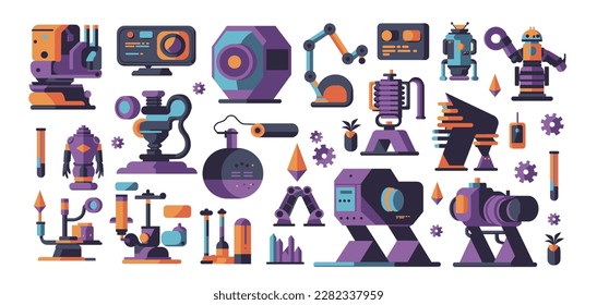 Robots and Technology vector illustration set. Artificial intelligence and sci fi futuristic machines. Space travel and industrial. Isolated on white background, flat design style clip art