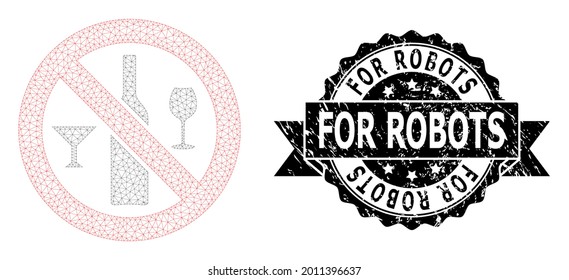 For Robots textured seal imitation and vector forbidden wine drinks mesh structure. Black stamp seal contains For Robots title inside ribbon and rosette. Abstract flat mesh forbidden wine drinks,