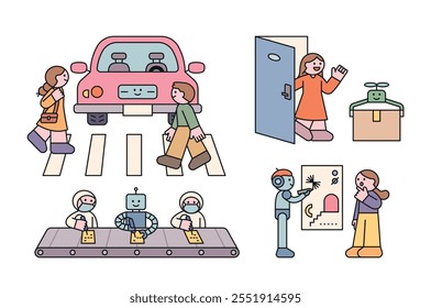 Robots que hacen más conveniente a la sociedad humana. Coches autónomos, entrega de Tron, trabajo de fábrica, trabajo de arte. Personaje de corte con contorno.