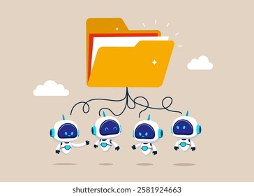 Robots think about organize folder, leadership skill or trust on work responsibility. Organize document files into archive folders. AI assistant support. Flat vector illustration. 