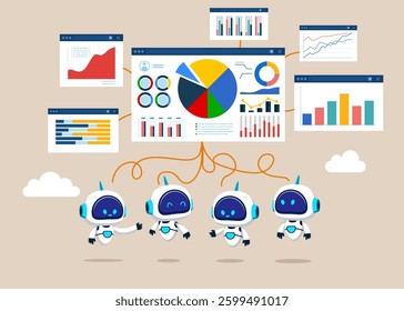 Robots thinking and got analyze graph and chart. Financial Report. Reviewing investment portfolio. Online business making money, investment return. 
