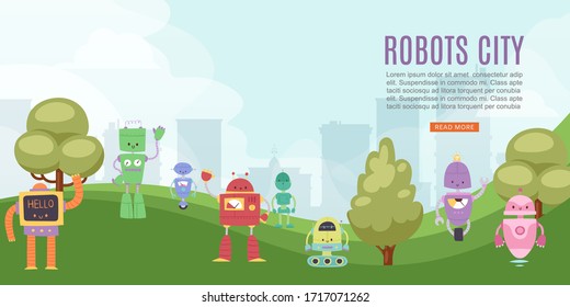 Robots toys city for kids banner with cute robots and transformers vector cartoon illustration. Children play ground with robotics machine cyborg and designing lessons.