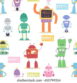 Robots and transformer androids cartoon toys character robotics machine cyborg vector seamless pattern background