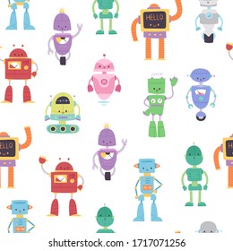 Robots and transformers toys for kids seamless pattern vector cartoon illustration. Robots machine designing for children textile or toyshop background.