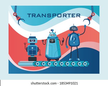 Robots transporter cover design. Humanoids, cyborgs, intelligent machines on belt vector illustrations with text. Robotics concept for website or webpage background