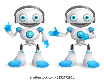 Robots vector character set. Friendly mascot robot design element for presentation with postures and hand gestures isolated in white. Vector illustration.
