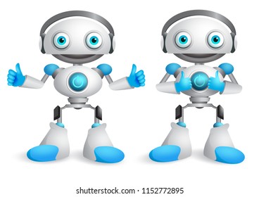 Robots vector character set. Funny mascot robot design element for presentation with okay hand gestures isolated in white. Vector illustration.
