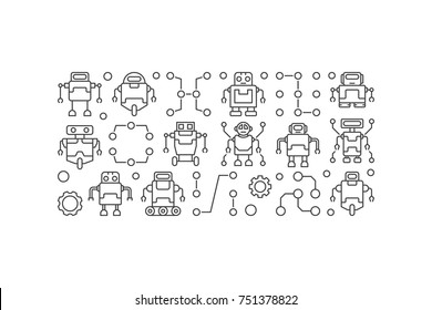 Robots vector horizontal banner or illustration in thin line style on white background