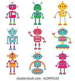 Robots, vector set of nine characters