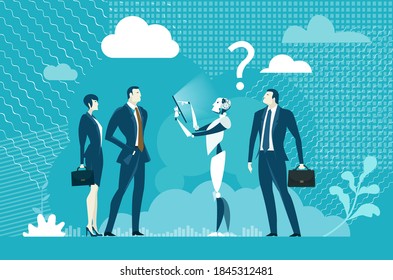 Robots vs humans. People communicating and developing robots. Robots helping people to solve problems, back up, nano technology, new era. Business concept illustration 