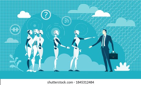 Robots vs humans. People communicating and developing robots. Robots helping people to solve problems, back up, nano technology, new era. Business concept illustration 