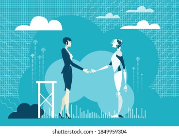 Robots vs humans. People communicating and developing robots. Robots helping people to solve problems, back up, nano technology, new era. Business concept illustration 