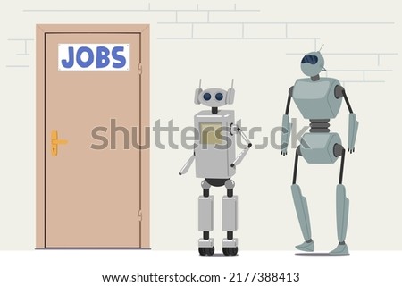 Robots Waiting Invitation for Job Interview at Lobby front of Door. Machine Characters Hiring in Office, Cyborg Hire Job, Hr, Robotization, Artificial Intelligence Concept. Cartoon Vector Illustration