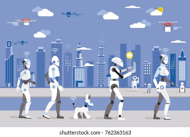 Robots Walking in a Futuristic City. 
Futuristic image of a near future.