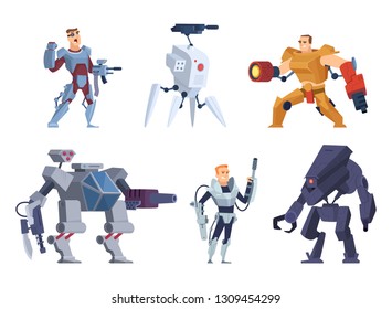 Robots warriors. Characters in exoskeleton brutal future soldiers technology android with guns vector cartoon mascot