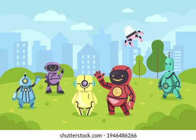 Robots waving hand in front of summer landscape illustration. Friendly electronic cyborgs smiling and greeting, city in background. Artificial intelligence, technology, modern robots concept