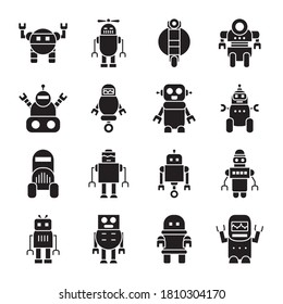 robots with wheels and robotics icon set over white background, silhouette style, vector illustration