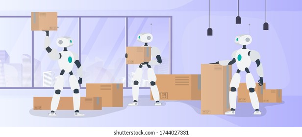 Robots work in a manufacturing warehouse. Robots carry boxes and lift the load. Futuristic concept of delivery, transportation and loading of goods. Vector.