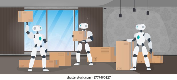 Roboter arbeiten in einem Produktionslager. Roboter tragen Boxen und heben die Last. Futuristisches Konzept der Lieferung, Transport und Verladung von Waren. Vektorgrafik.