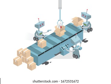 Robots work on the conveyor, production line, vector illustration on white background