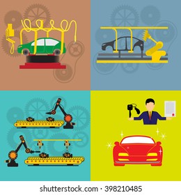 Robots are working with auto parts in factory.
