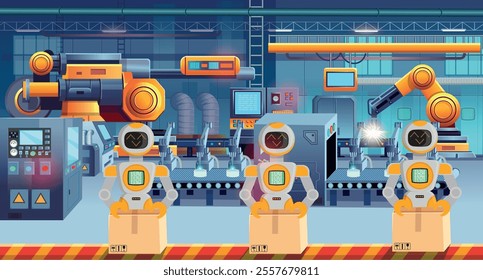 Robots working with cardboard boxes on a conveyor belt. Human labor replacement. Concept of automation manufacturing process.Factory background for game. Factory manufacturing industrial line.  