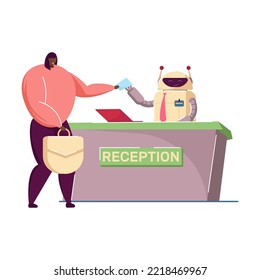 Robots trabajando como empleados de hotel. Ilustración vectorial plana. Recepción y portero robóticos que ayudan a los huéspedes a hacer el registro de entrada y salida del hotel. Tecnologías, inteligencia artificial
