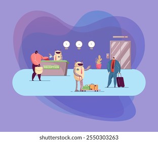 Robots working as hotel attendants. Flat vector illustration. Robotic receptionist and porter helping guests with checking in and out of hotel. Technologies, artificial intelligence, service concept