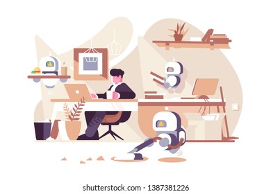 Robots working in office vector illustration. Man sitting at workplace with laptop and bionic persons cleaner waiter and assistant flat style design. New robotic technologies concept