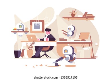 Robots working in office vector illustration. Man sitting at workplace with laptop and bionic persons cleaner waiter and assistent flat style design. New robotic technologies concept