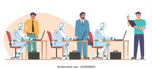 Robots working on computers performing certain tasks, flat vector illustration. AI and rpa software technology. Artificial intelligence and robotic process automation.