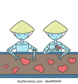 Robots working on conveyor, making heart