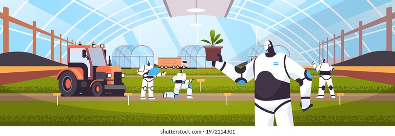 robots working on organic products industrial plantation growing plants smart farming agribusiness