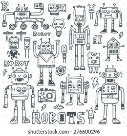 Robots,Electrical, Circuits, Microschemes.Cool and cute funny vector set 1. Hand drawn illustration. Monochrome pattern.