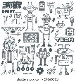 Robots,Electrical, Circuits, Microschemes.Cool and cute funny vector set 2. Hand drawn illustration. Monochrome pattern.