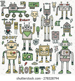 Robots,Electrical, Circuits, Microschemes.Cool and cute funny vector set 1. Hand drawn illustration. Colorful pattern.