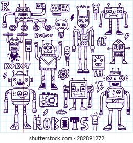 Robots,Electrical, Circuits, Microschemes.Cool and cute funny vector set 1. Hand drawn illustration. School notebook.