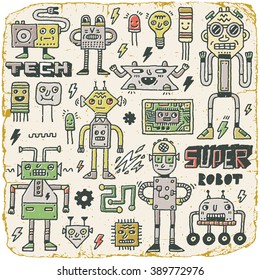 Robots,Electrical, Circuits, Microschemes.Cool and cute funny vector set 2. Vintage Texture. Vector Illustration.
