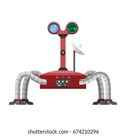 Robot-spider with blue lense, long distance radar, colorful buttons panel and powerful satellite isolated vector illustration on white background.