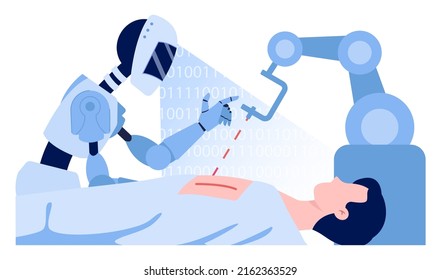 Robot-surgerer operando un humano. Tecnología robótica en la industria médica. Idea de salud. Ilustración vectorial aislada en estilo de dibujos animados