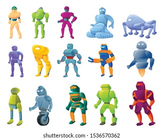 Iconos del transformador de robots. Conjunto de dibujos animados de iconos vectoriales de transformadores de robots para el diseño web