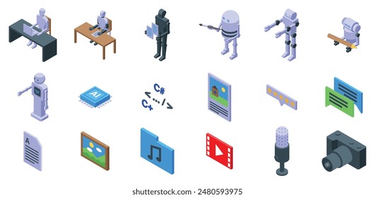 Conjunto de iconos de robot-escritor. Inteligencia artificial trabajando como creador de contenido, artista, escritor, músico, programador y bloguero