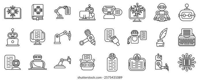  Robot-writer icons set. Explore the future of content creation with robots and ai writing software using robotic arms, pens, and typewriters