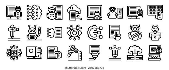 Robot-writer icons set. Set of icons representing artificial intelligence creating and managing digital content using machine learning algorithms