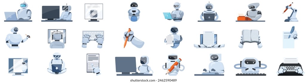 Vector de robot-escritor. Una colección de personajes robot con varios trabajos y tareas. Algunos escriben, otros escriben y otros usan una computadora