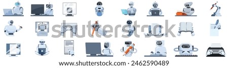 Robot-writer vector. A collection of robot characters with various jobs and tasks. Some are writing, others are typing, and some are using a computer