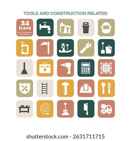 A robust collection of 24 flat design icons for tools and construction related themes including equipment building materials and various handyman implements for diverse projects