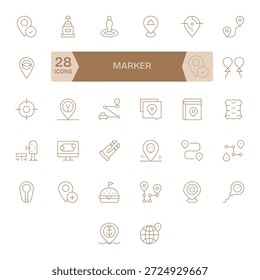 Uma coleção robusta de 32 ícones de linha fina incorporando Marker, ideal para equipes de design de produtos.