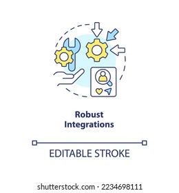 Robust integrations concept icon. Analyzing content tools. CMS aspects. Adjust site abstract idea thin line illustration. Isolated outline drawing. Editable stroke. Arial, Myriad Pro-Bold fonts used