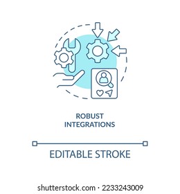 Robust integrations turquoise concept icon. Analyzing content tools. Adjust site abstract idea thin line illustration. Isolated outline drawing. Editable stroke. Arial, Myriad Pro-Bold fonts used